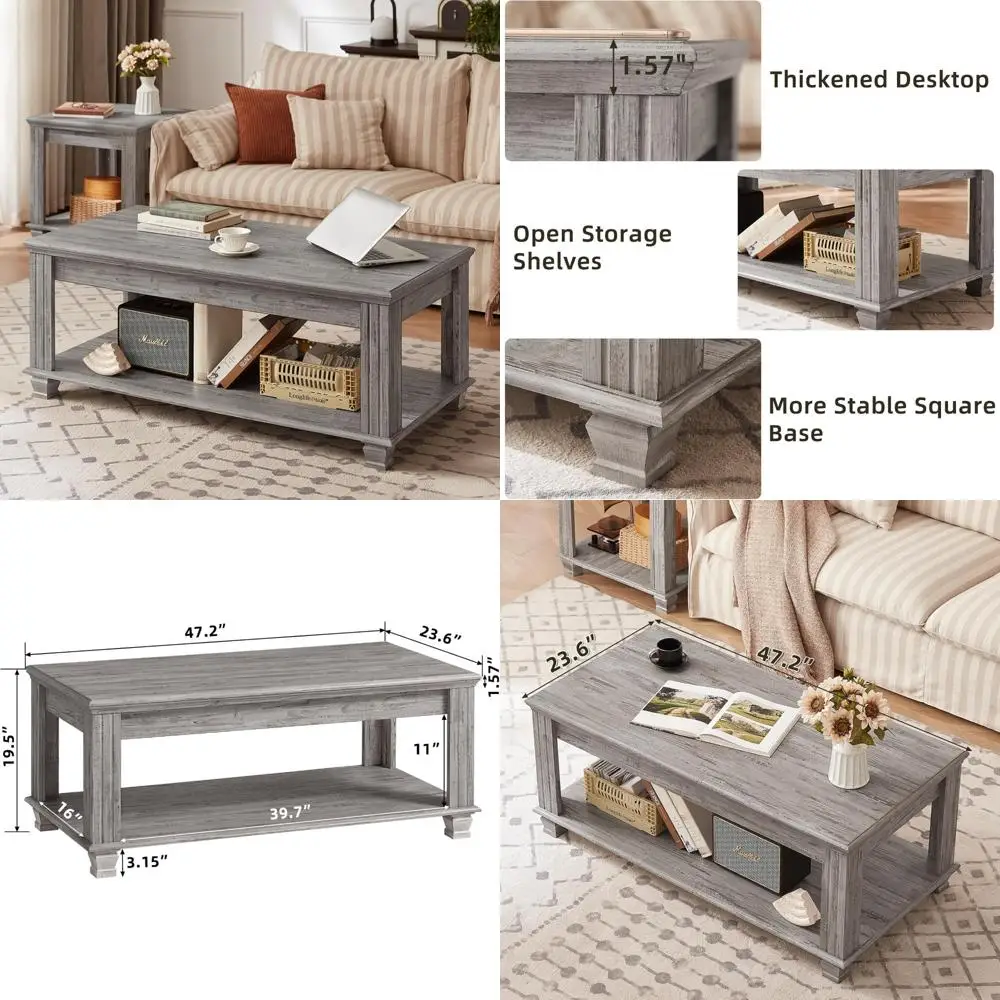 

Large Rustic Wooden Coffee Table with Open Storage Shelf for Living Room, Square Design Enhances Space