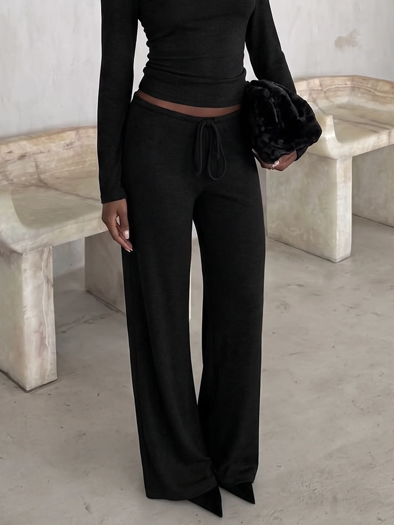 Dulzura Women'S Solid High Waist Lace Up Long Pants Casual Versatile Slim Fit Pants Party Club Street Style Spring Autumn Outfit
