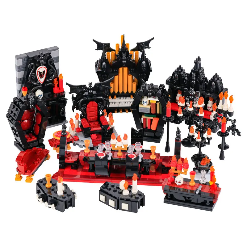 Halloween Scene Building Blocks MOC Cemetery Tombstone Mouse Pumpkin Car Vampire Throne Fireplace Bat Light Candle Toy Gift A040