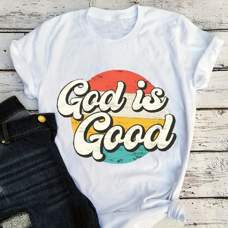 Y2k 미적인 여름 루즈 티셔츠, GOD Is Good 레트로 그래픽, 종교 티, 예수 영감, 반팔, 빈티지 상의