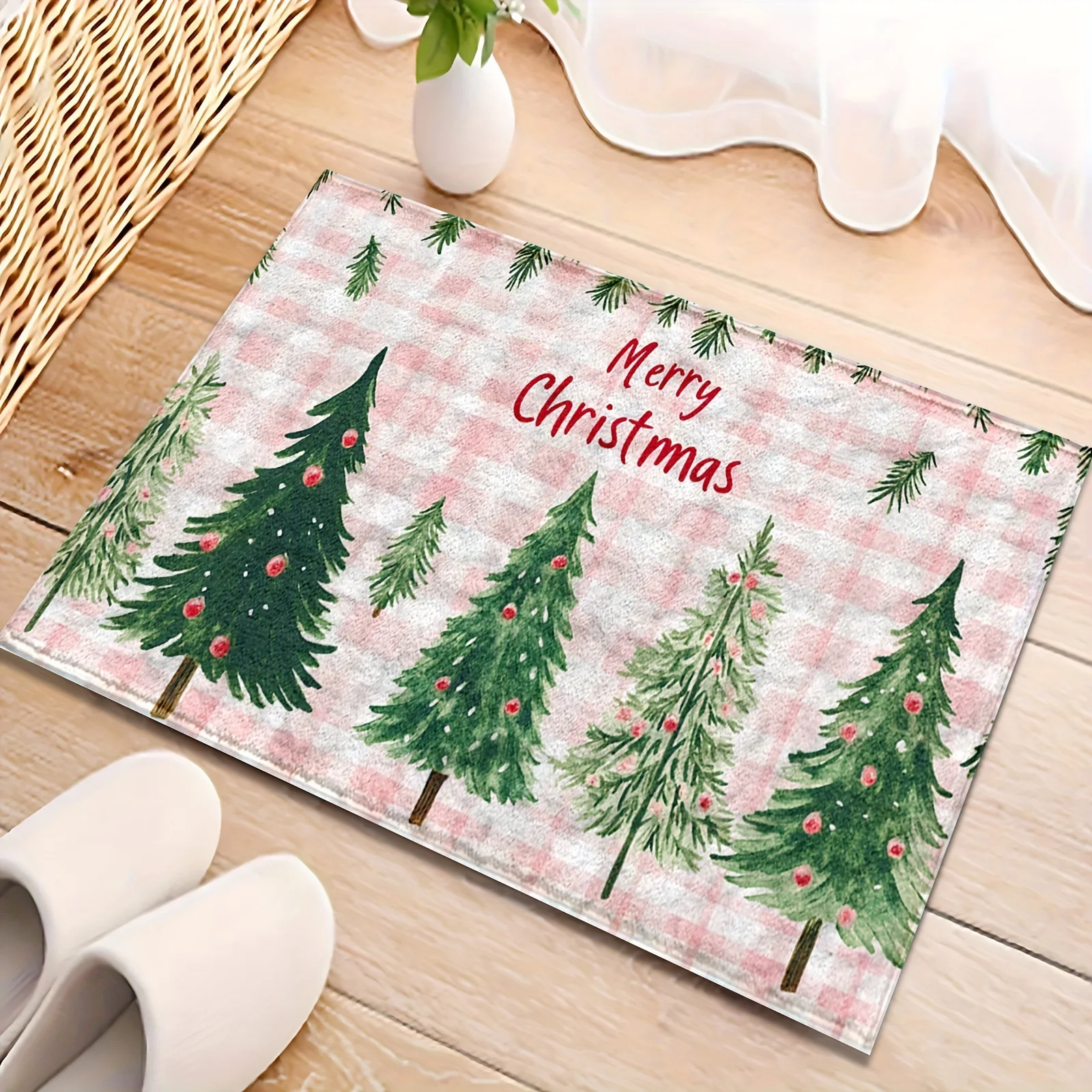 

Pink Plaid Christmas Tree Theme Soft Carpet Bathroom No-silp Doormat Suitable for Livingroom Entrance Decorative Accessories Pad