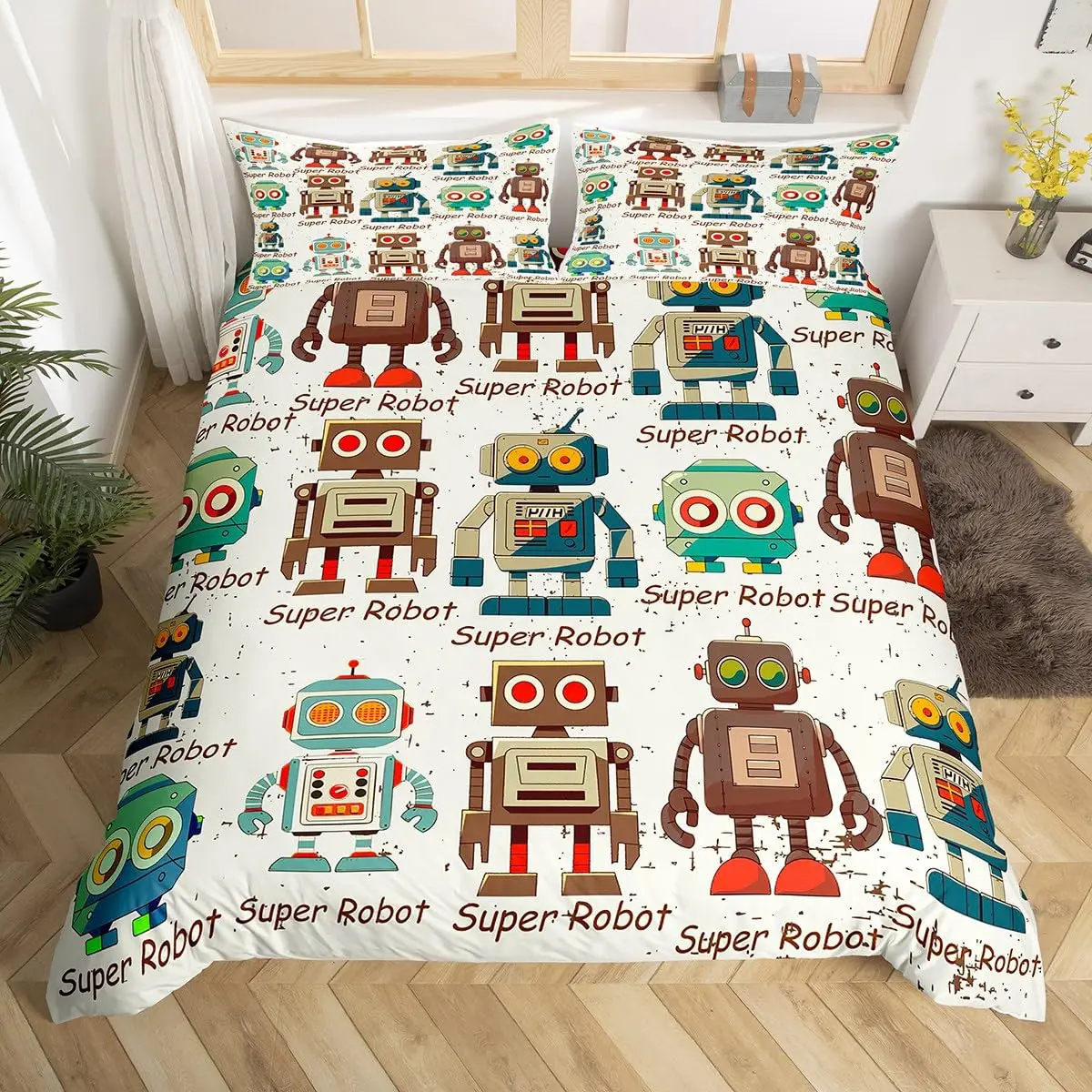 Robot Duvet Cover Set Cartoon Space Robot Bedding Set Patchwork Transformer Futuristic Machine Comforter Cover Twin Full For Boy