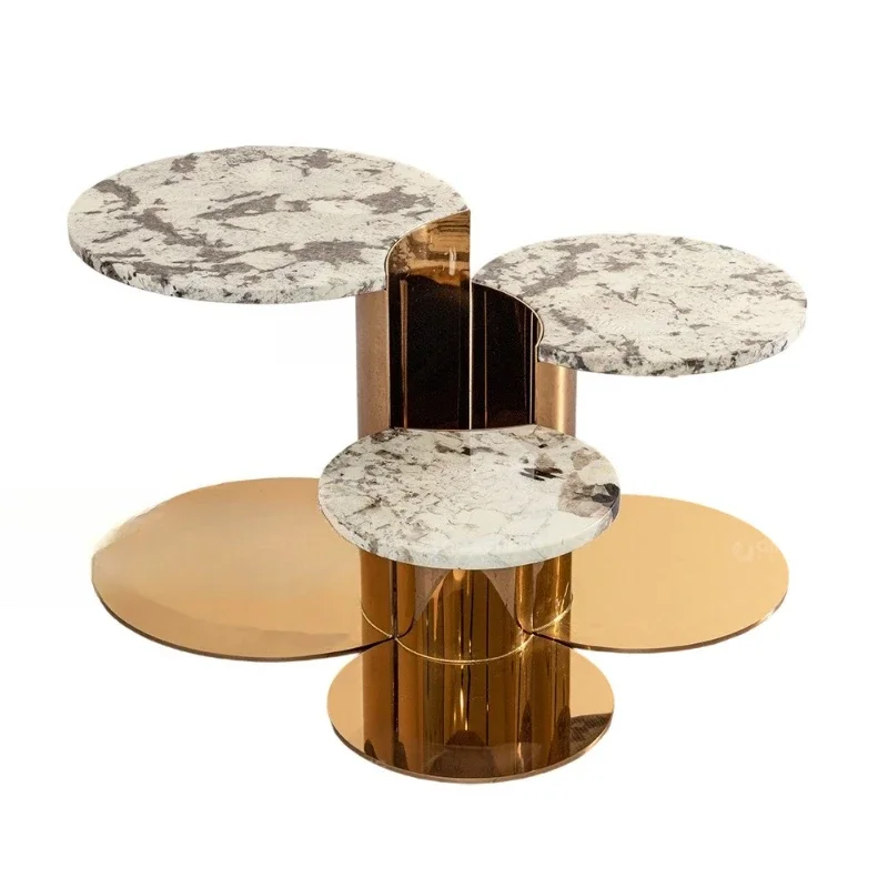 

Modern light luxury round marble coffee table, stainless steel on the sofa side of the living room