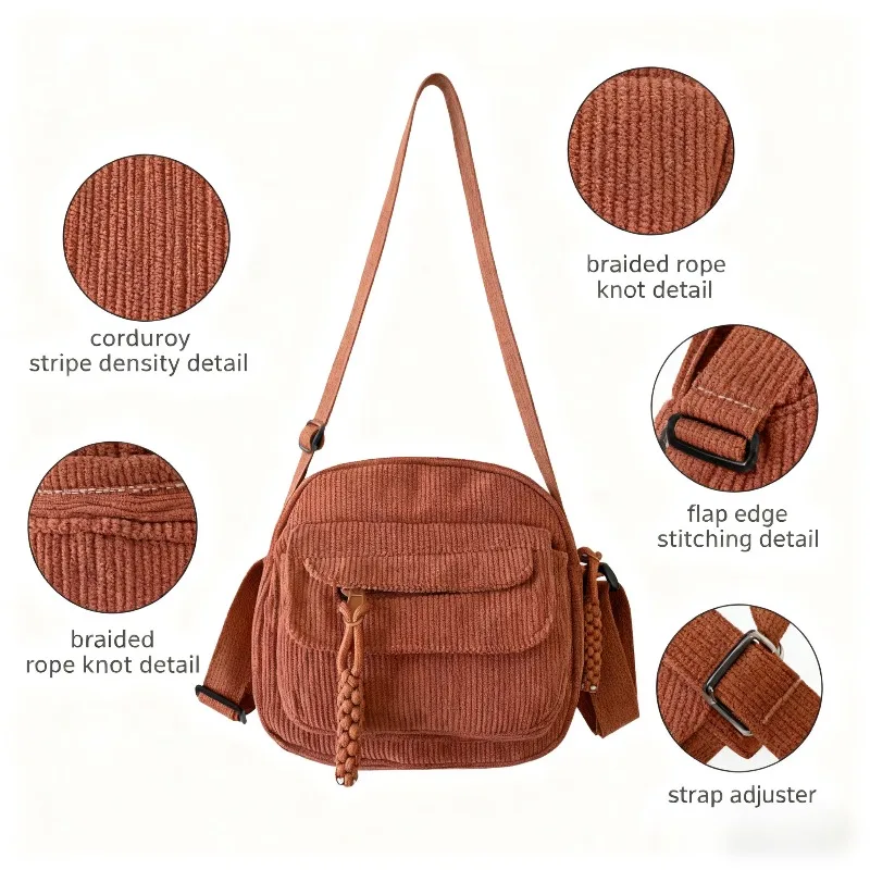 

Multicolor Corduroy Crossbody Bag Women's Retro Small Shoulder Bag with Braided Zipper Pull Casual Daily Sling Bag