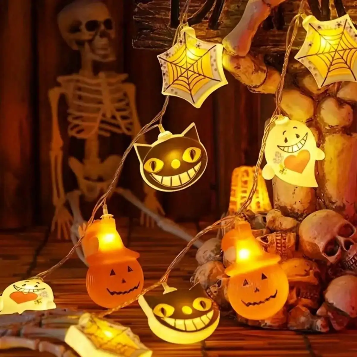 1PC 10/20LED Halloween 3D Pumpkin Specter Ghost Spider Web String Lights Theme Party Atmosphere Light Battery Operated For Home