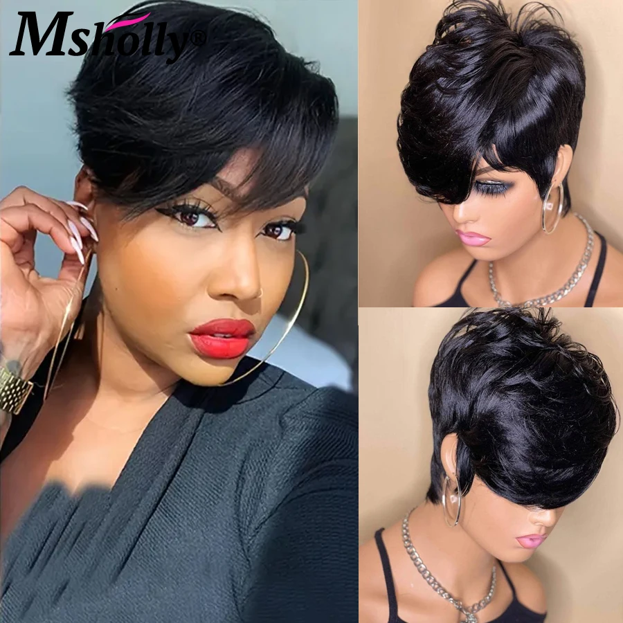 

Short Pixie Cut Remy Wigs 100% Human Hair Straight Cheap Human Hair Wigs 180 Density Water Wave Full Machine Made Wig With Bangs