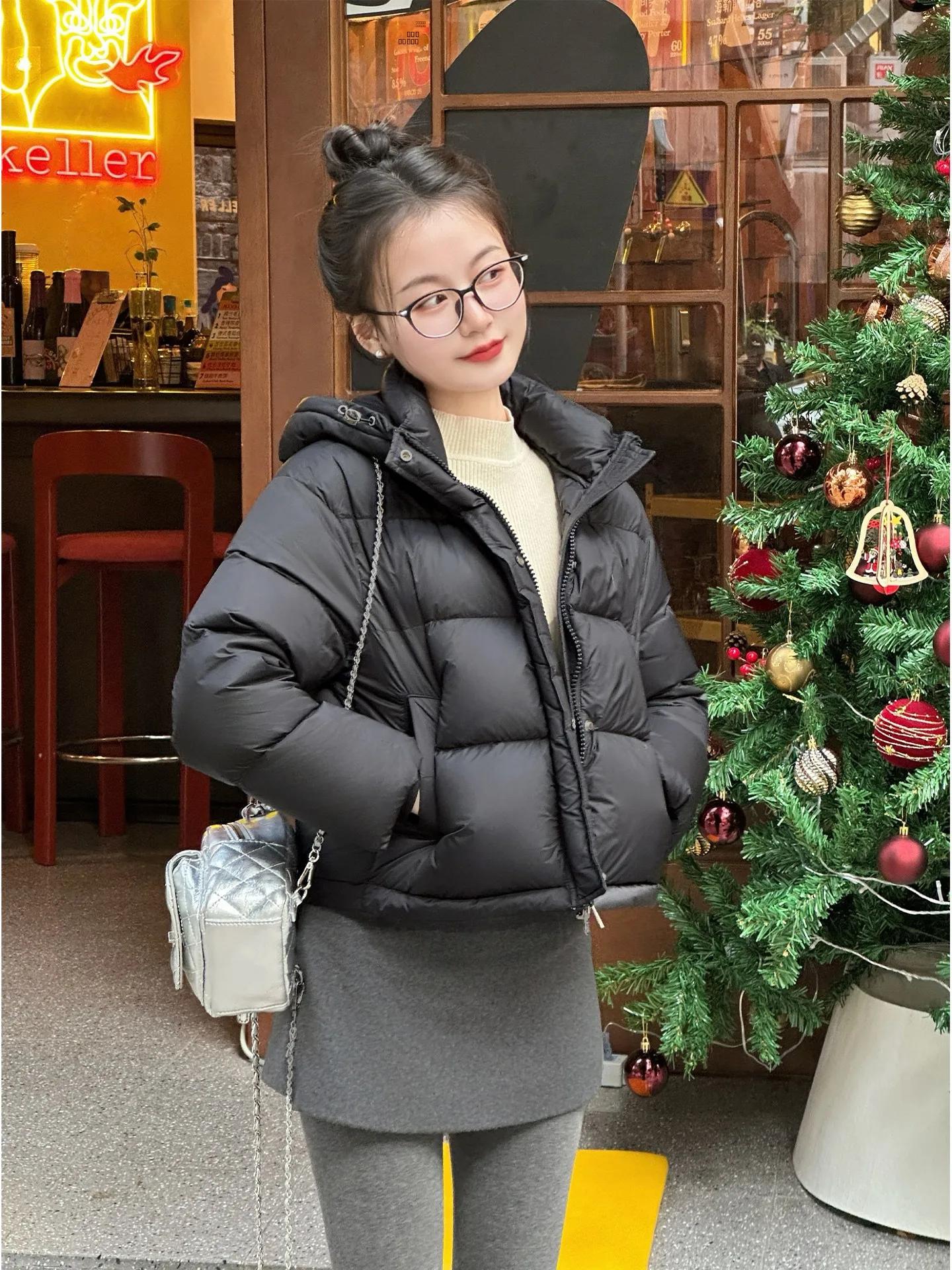 

Modern Holiday ort Casual Bla Stand Collar Hooded Puffer Jaet Women's Coat Sli Versatile Nylon down Outerwear