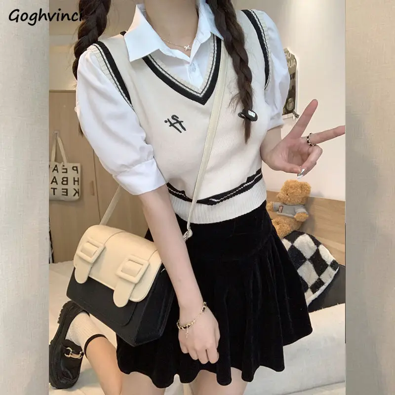 

Solid Knitted T-shirts Women Spring Summer All-match V-neck Letter Embroidery Sleeveless Patchwork Age-reducing Preppy Style