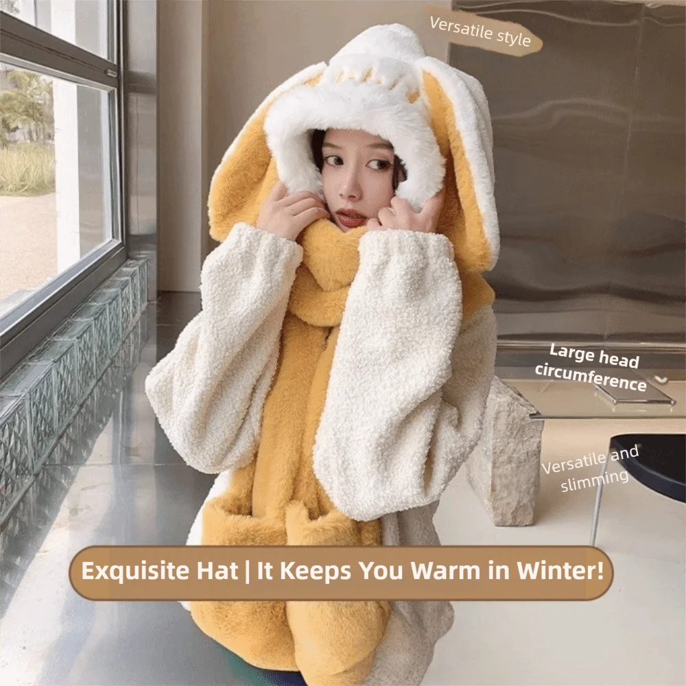 Cute 3-in-1 Hooded Scarf Keep Warm Thicken Scarf Hat Gloves Set Soft Windproof Winter Hat Winter