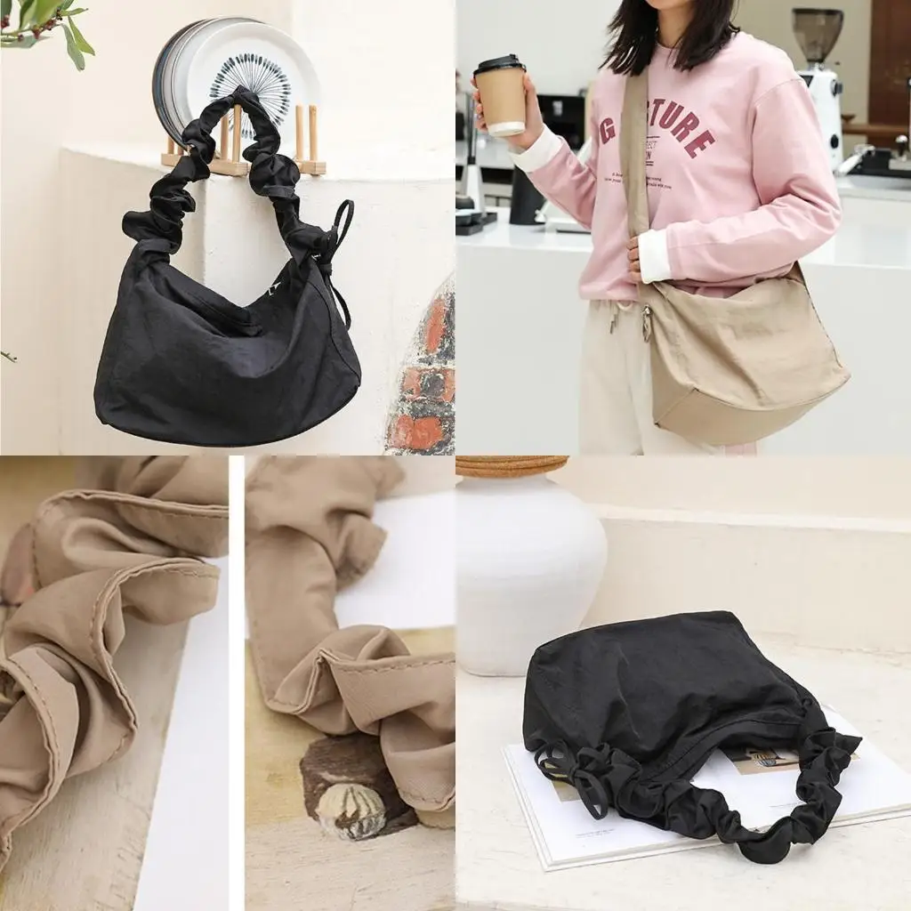

X90D Women Nylon Shoulder Handbag with Adjustable Strap Pleated Drawstrings Underarm Bag Casual Zippered Crossbody Bag