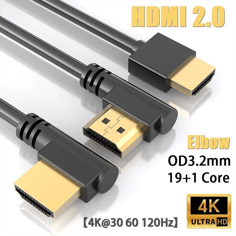 Ultra Thin Extreme Flexible HDMI to HDMI Cord HDMI Male to Male Adapter Elbow Cable OD3.2mm 19+1 Core For 3D TV/HDTV/PS5/Blu-ray