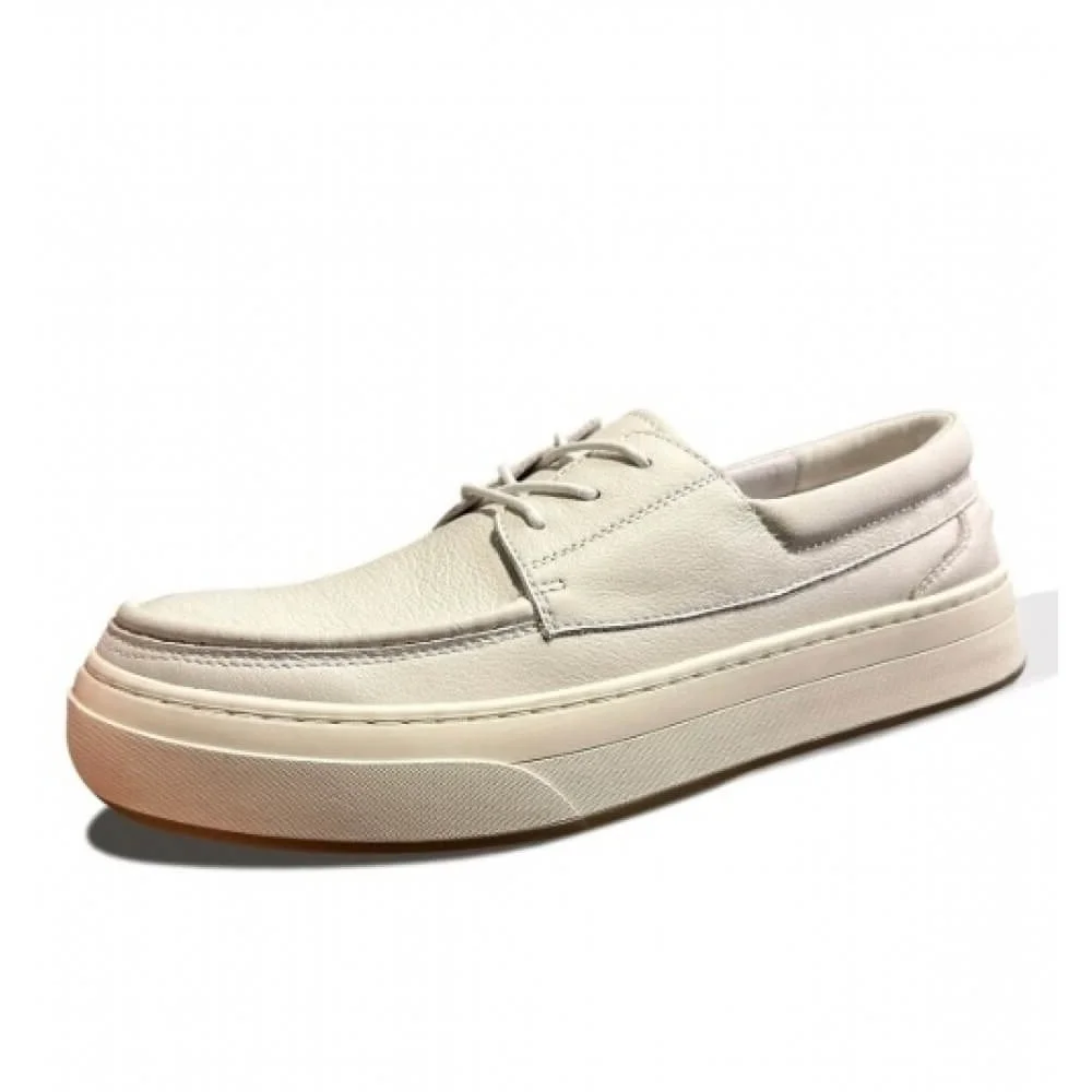 Men’s Cream White Leather Boat Shoes, Breathable Anti-Slip Casual Lace-Up Shoes for All Occasions