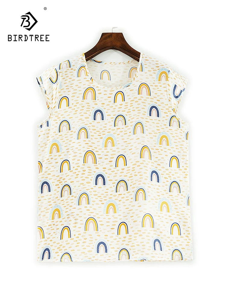 

Элегантная футболка BirdTree-Silk, геометрический принт с круглым вырезом и короткими рукавами, женские модные свободные топы для поездок на работу, весенняя новинка 2026 T5D860CC