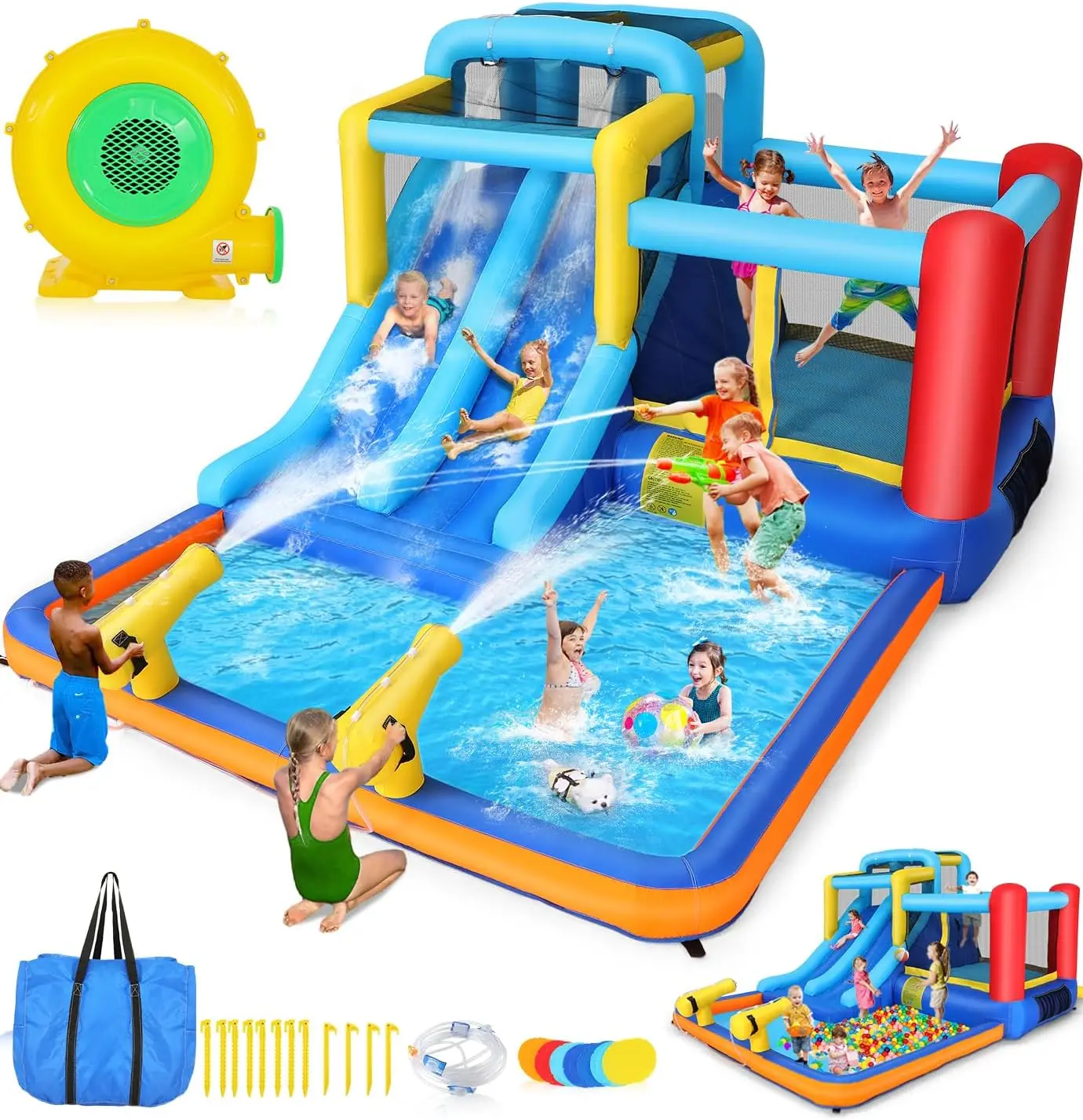 15 x 9,95 Fuß Hüpfburg-Wasserrutsche für Kinder, 9-in-1 aufblasbare Wasserrutsche Hüpfburg mit 2 Rutschen, Sprungbereich, Pool
