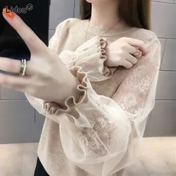 Mori Girl Style Lace Gauze Patchwork Thick Flare Sleeve O-Neck Multiple Colors Knitting Sweaters Ladies Autumn Clothing Grace