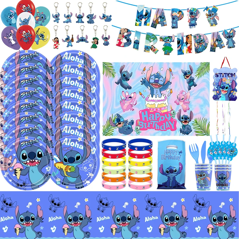 Disney Stitch Birthday Party Decorations Tableware Set Digit Balloons Paper Cups Plates Tablecloth Backdrop Supplies For Kids