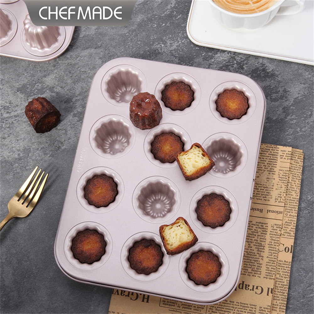 CHEFMADE 2Pcs Canele Molds Mini Canele Cake Pan Non-Stick Carbon Steel Muffin Bakeware Cupcake Fluted Oven Baking Pudding Molds