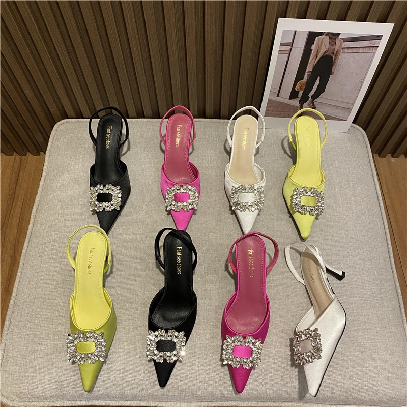 

Satin Rhinestone Diamond Stiletto Sandals Women's Pointed Toe Straps Fashion High Heels Pumps Party Wedding Sexy Bling Shoes