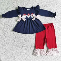 Children Christmas Winter Baby Girl Clothes Long Sleeve Set Wholesale Kid Santa Embroidery Red Cotton Ruffle Dots Pants Outfit