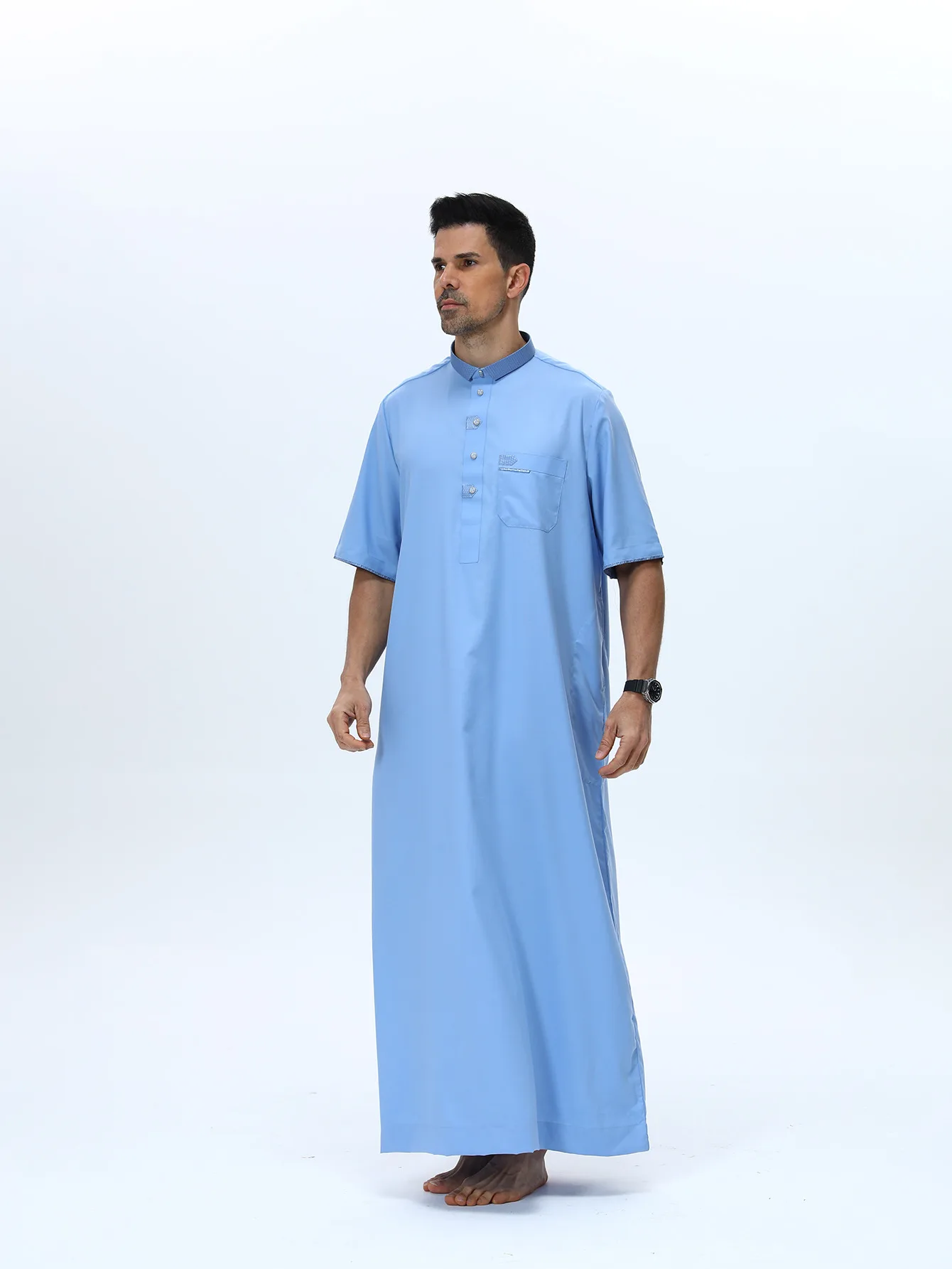 New Saudi Arabic Men Jubba Thobe Muslim Dress Short Sleeve Abaya Kaftan Robe Worship Daffah Dishdasha Traditional Islam Clothing