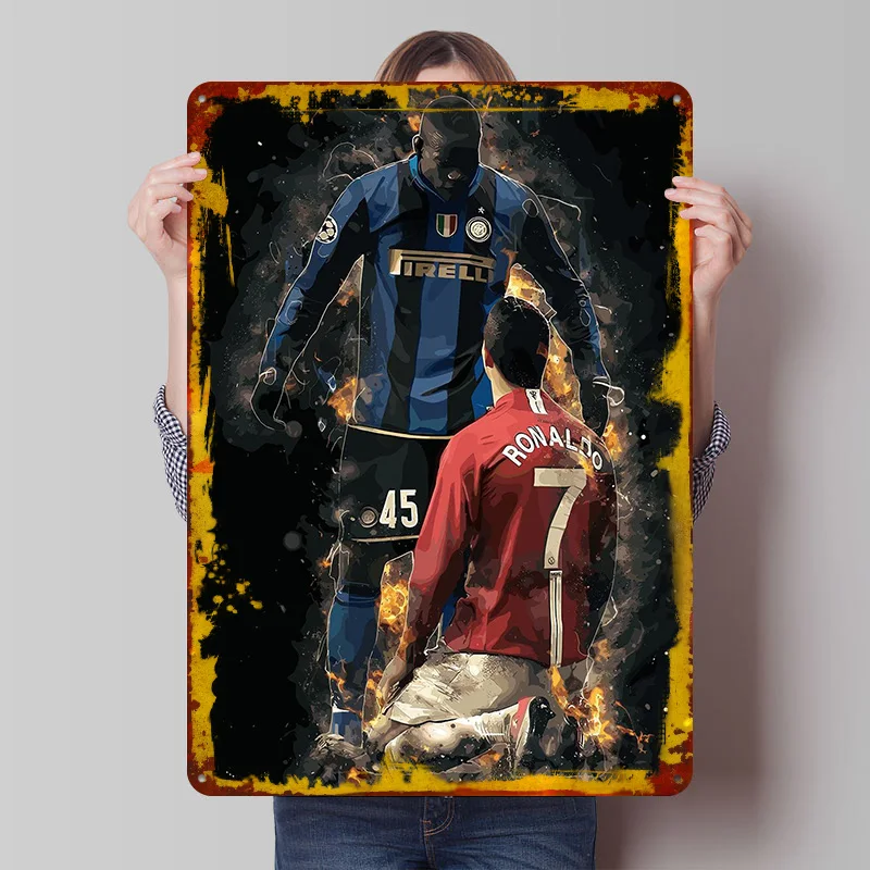 Ronaldo vs. Balotelli Bedrucktes Poster, personalisierte Retro-Wandkunst, Vintage-Metallschilder für Heimdekoration, Männerhöhle-Dekor