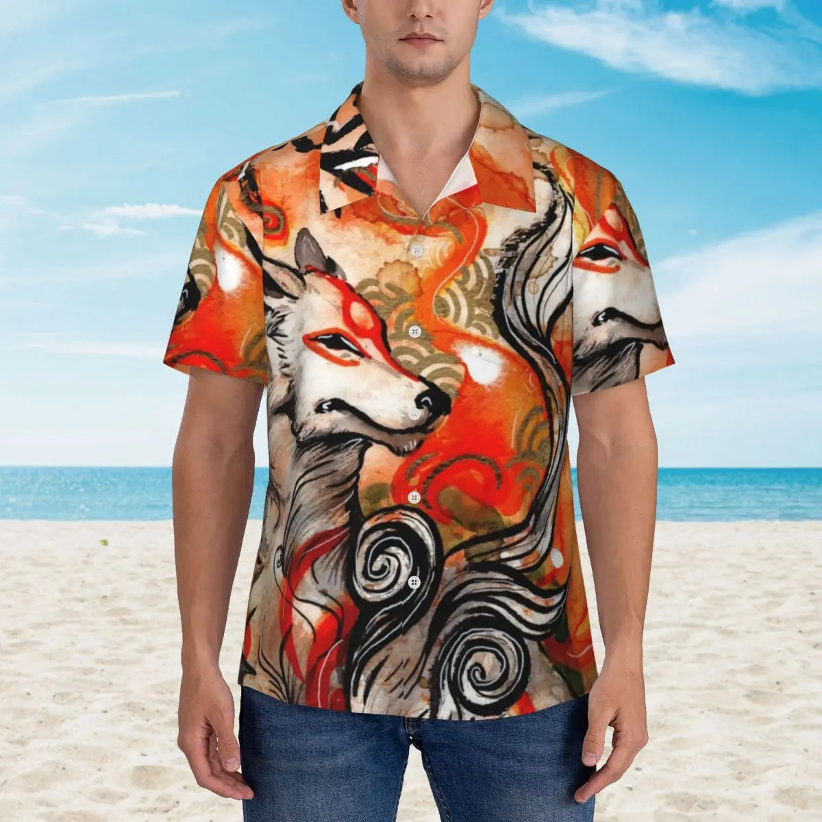 Chemise hawaïenne plage loup imprimé Blouses Okami Amaterasu chemises décontractées élégantes hommes à manches courtes haut tendance coréen