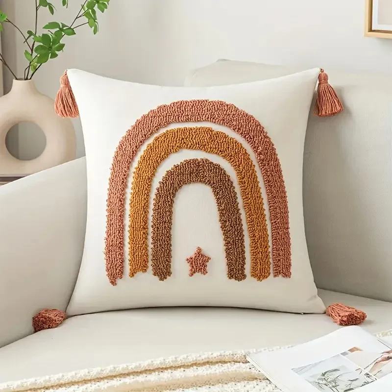 ‌ Funda de almohada con mechones bohemios, patrón geométrico sol dibujos animados, funda de cojín poliéster para sala