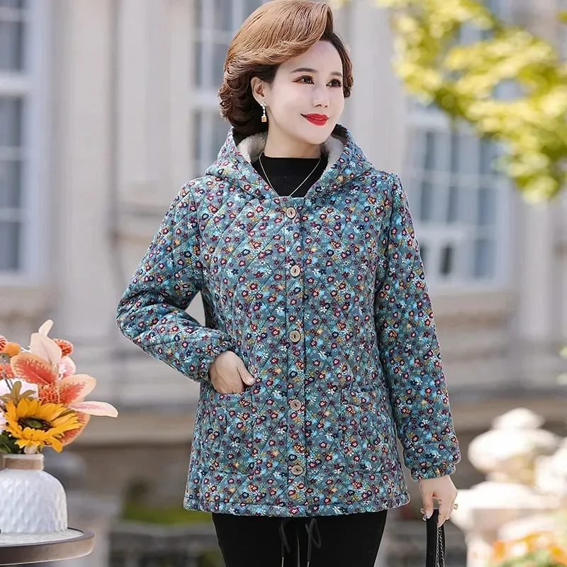 

2024 New Warm Autumn Winter Coat Top Middle Aged Elderly Women's Cotton Coat Adding Velvet Thicken Hooded Printed Jacket Parker