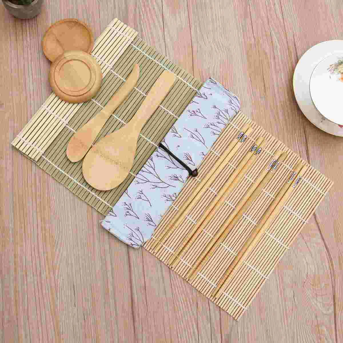 11pcs Bamboo Sushi Making Kit DIY Tools (2 Sushi Rolling Mats 4 Pairs Bamboo Chopsticks 1 Fabric Pouch 2 Sauce Dishes 1 Rice Pad