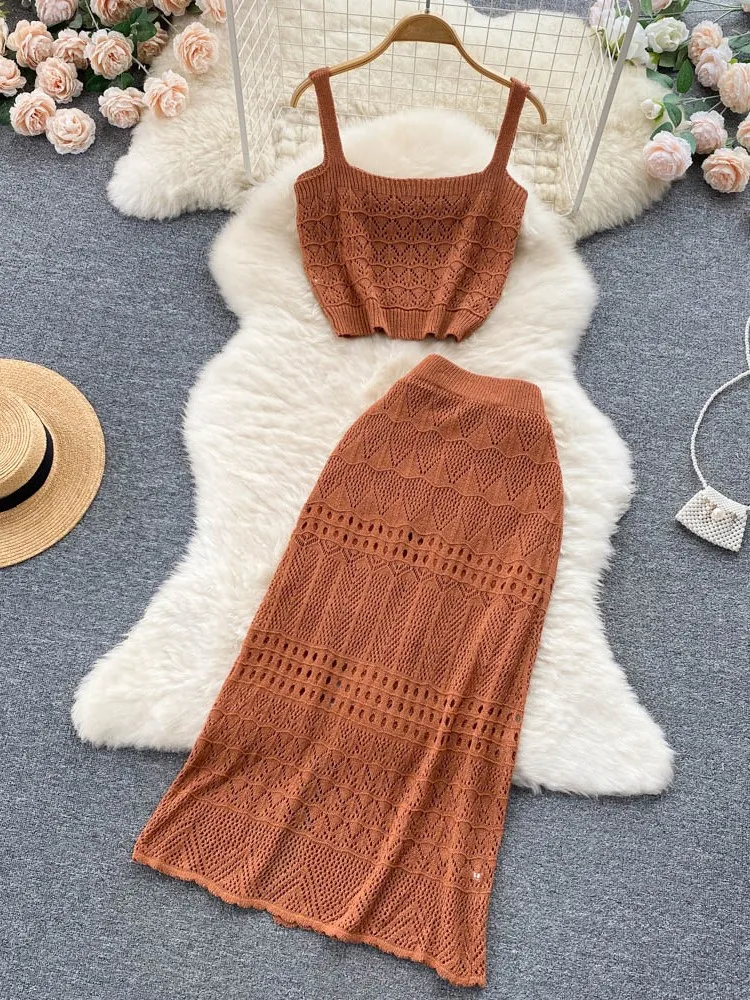 Summer Women Elegant Casual Knitted Skirt Suit Hollow Out Sleeveless Tank Tops Sexy Slim Midi Saya Two Piece Set Female Outfits