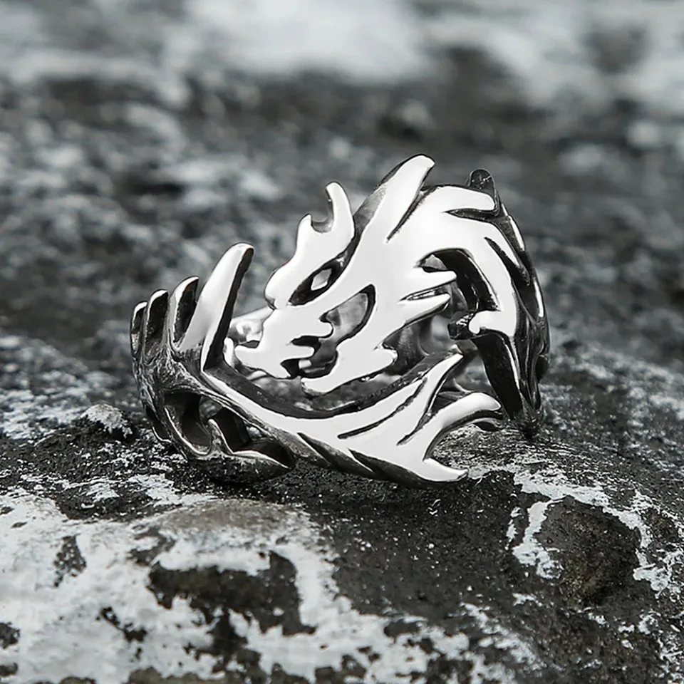 High Quality 316L Stainless Steel Fire Dragon Rings For Men Women Fashion Punk Vikings Animal Ring Nordic Amulet Jewelry Gifts