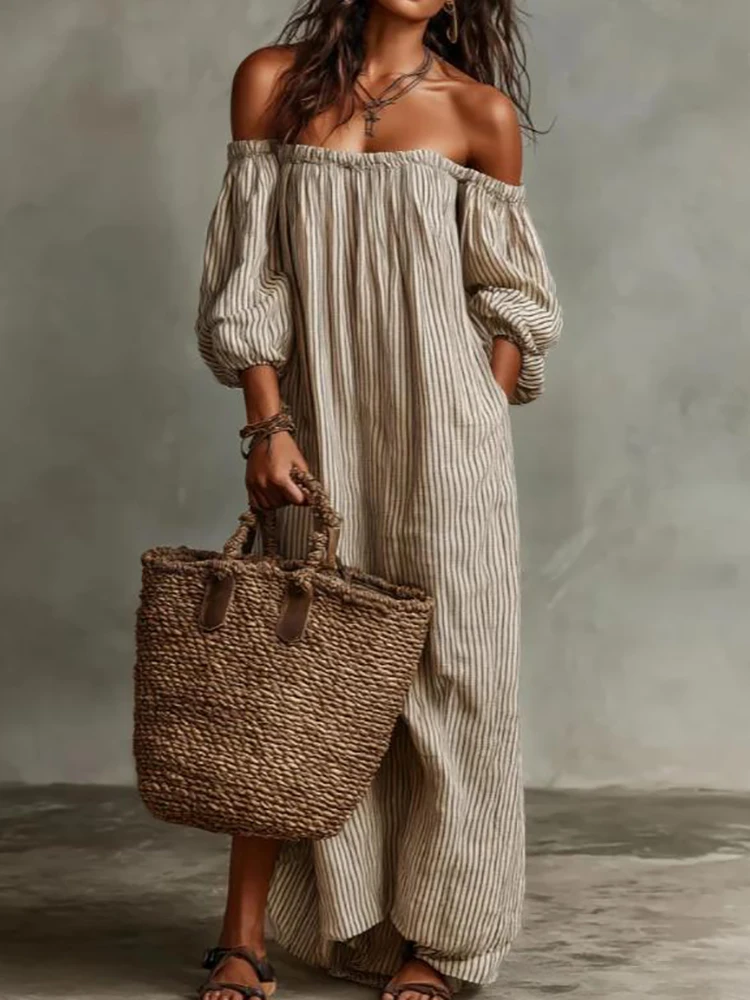 Summer Beach Vacation Maxi Dress Woman Sexy Off Shoulder Puff Sleeve Long Dresses Vintage Striped Print Pocket Boho Dresses