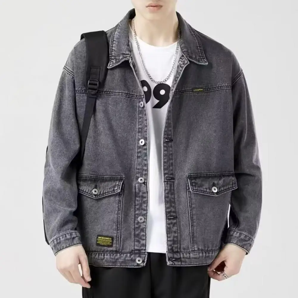 

Men Denim Jacket Stylish Men's Denim Jacket with Lapel Collar Long Sleeves Pockets Fashionable Spring/autumn Outwear with Button