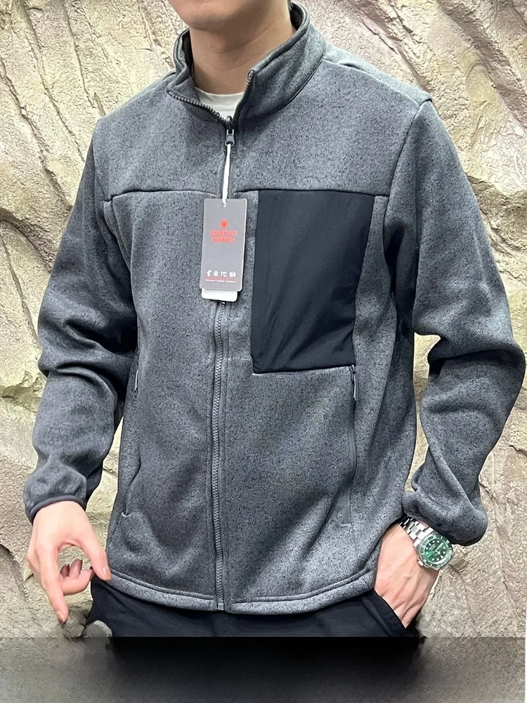 

Утепленная вязаная куртка с флисовой подкладкой и воротником-стойкой для мужчин, осенне-зимняя, повседневная, приталенного кроя, на молнии, из полиэстера