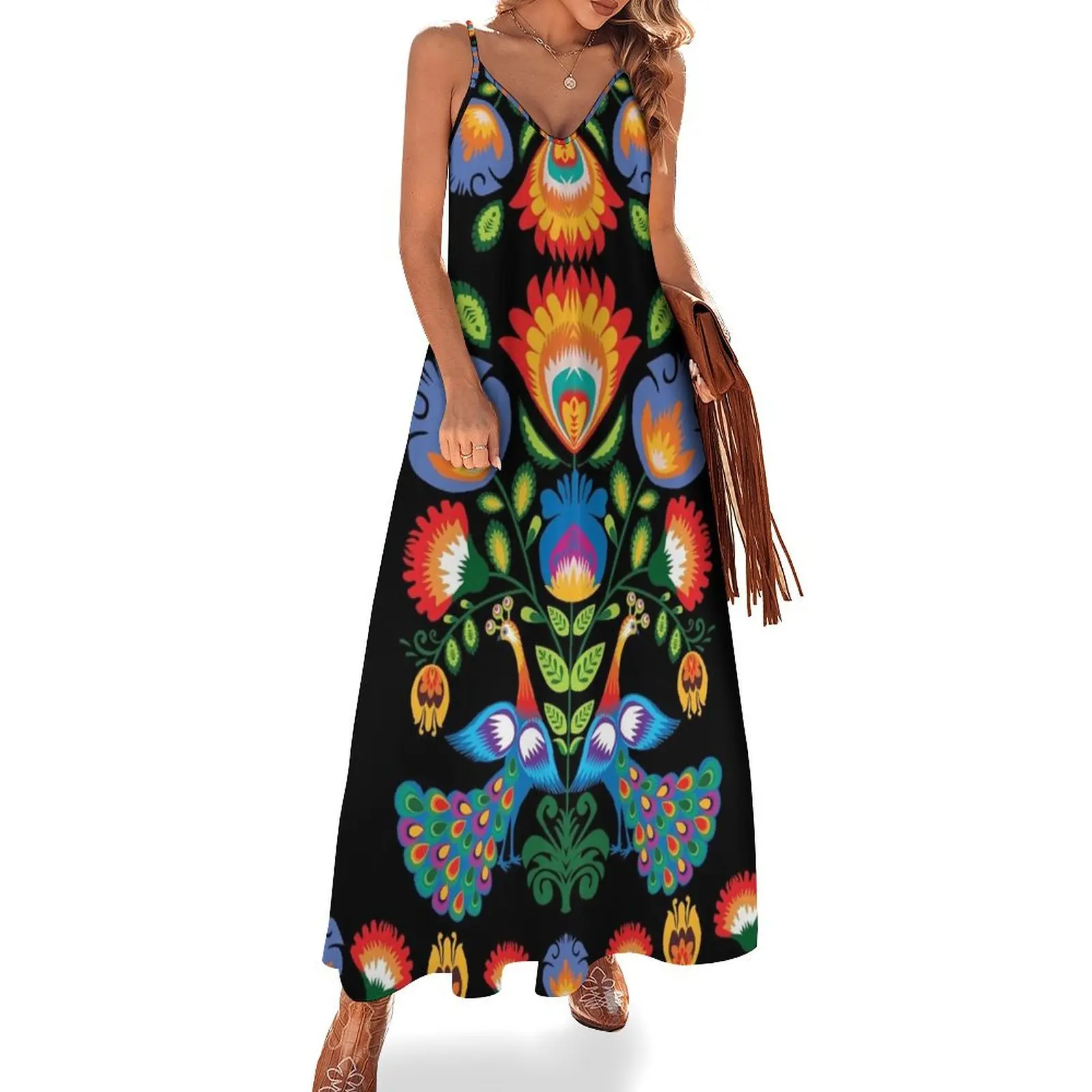 One more folklore composition with peacocks Sleeveless Long Dress dress for women summer Party dresses Dress