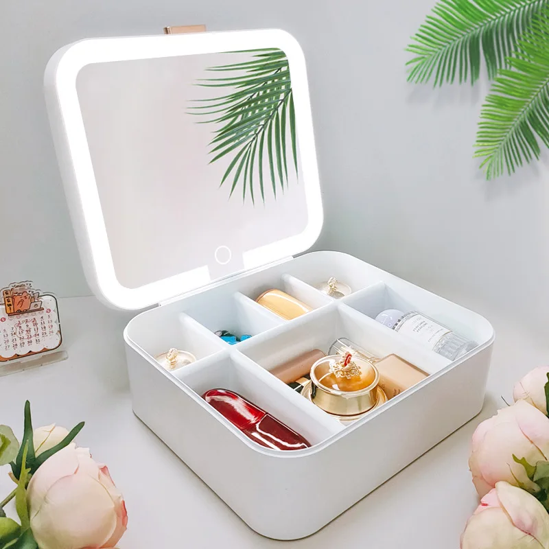 Nouvelle boîte d'accessoires de rangement pour miroir de maquillage LED rechargeable, trousse de maquillage portable avec lumière de remplissage pour miroir, boîte de rangement pour miroir de maquillage
