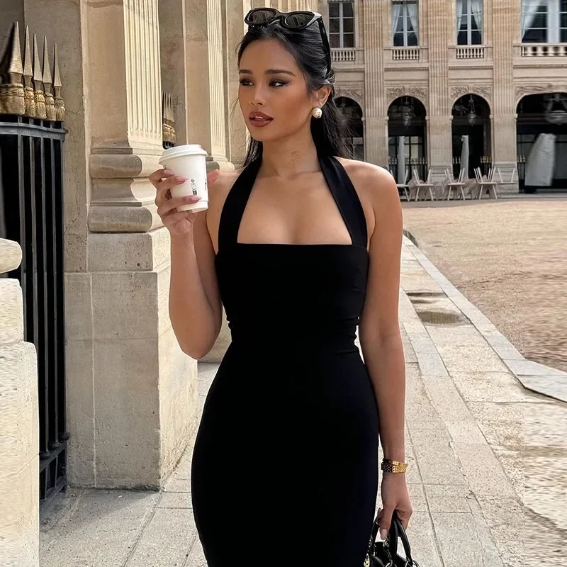 2025 ใหม่Elegant HalterสีดําBacklessเซ็กซี่Bodycon Maxiชุดราตรีฤดูร้อนผู้หญิงY2Kเสื้อผ้างานแต่งงานวันเกิดหญิง