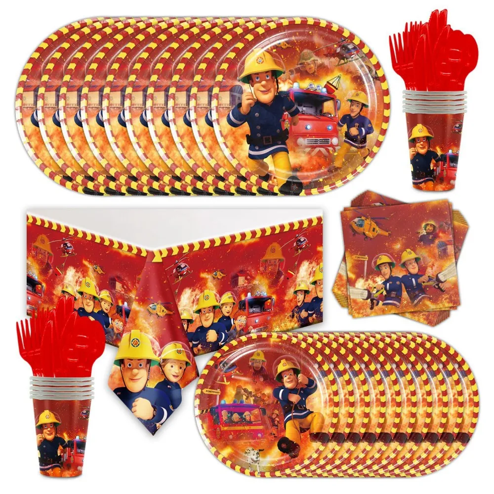 Fireman Sam Birthday Party Decoration Fire Truck Balloons Paper Tableware Backdrops Baby Shower Kids Firefighter Party Supplies