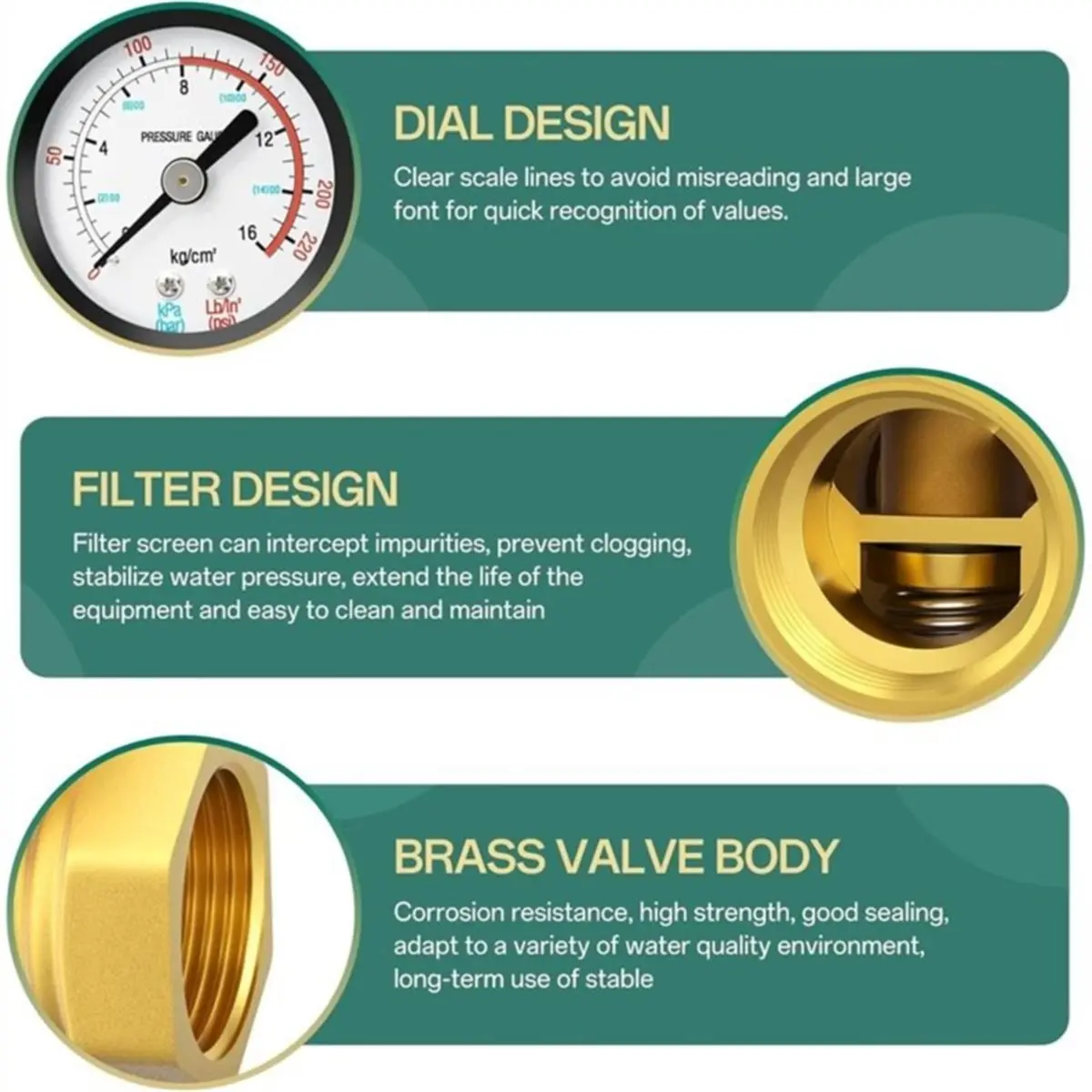 DT35BG 1 Inch Brass Water Pressure Regulator, DN25 Adjustable Pressure Reducing Valve,with 0-220PSI Gauge, for Pipe Fitting