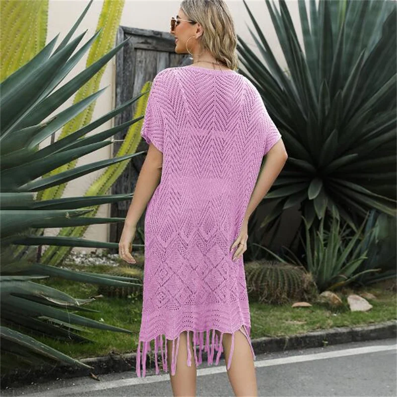 Imagem -04 - Vestido de Praia de Crochê Feminino Trajes de Banho Tricô Saia de Túnicas Bainha de Franja Oca Sexy Boho Cobrir Verão 2023