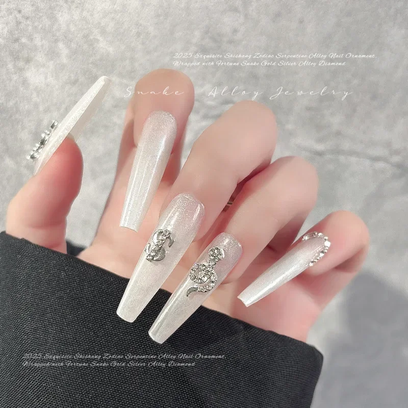 10Pcs Sparkly 3D Silver Alloy Snake Nail Charms, Popular Metal Ornaments for DIY Press On Nails Daily Manicure Decoration