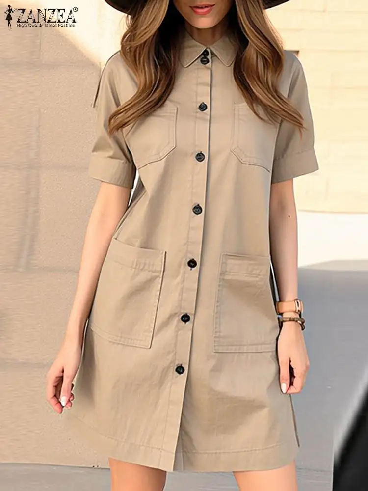 

Summer Elegant Overalls Dress ZANZEA Women Fashion Solid OL Work Sundress Short Sleeve Lapel Neck Shirt Vestidos Buttons Up Robe