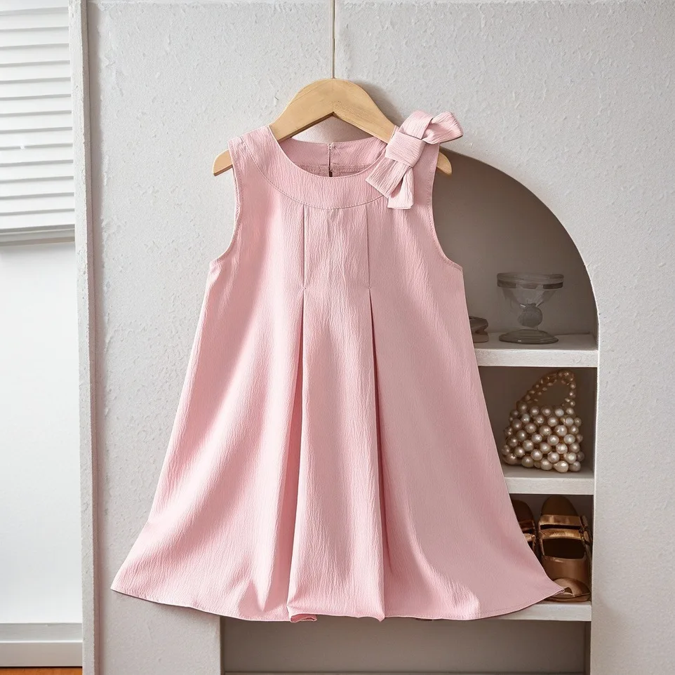 Black Bow Decoration Princess Dresses Korean Version 2026 Summer Sleeveless Girls Dress Fashion Children's Clothing