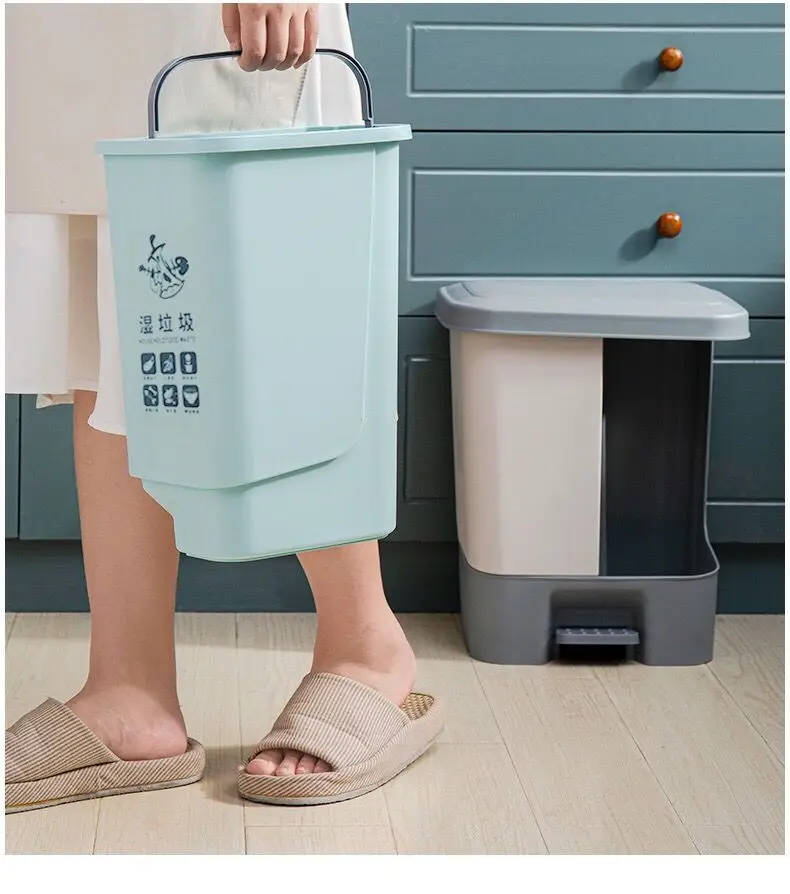 12L Wet Dry Separation Trash Can Pedal Storage Double Waste Bin, Detachable Plastic Kitchen Classified Trash Dustbin   NJ72918