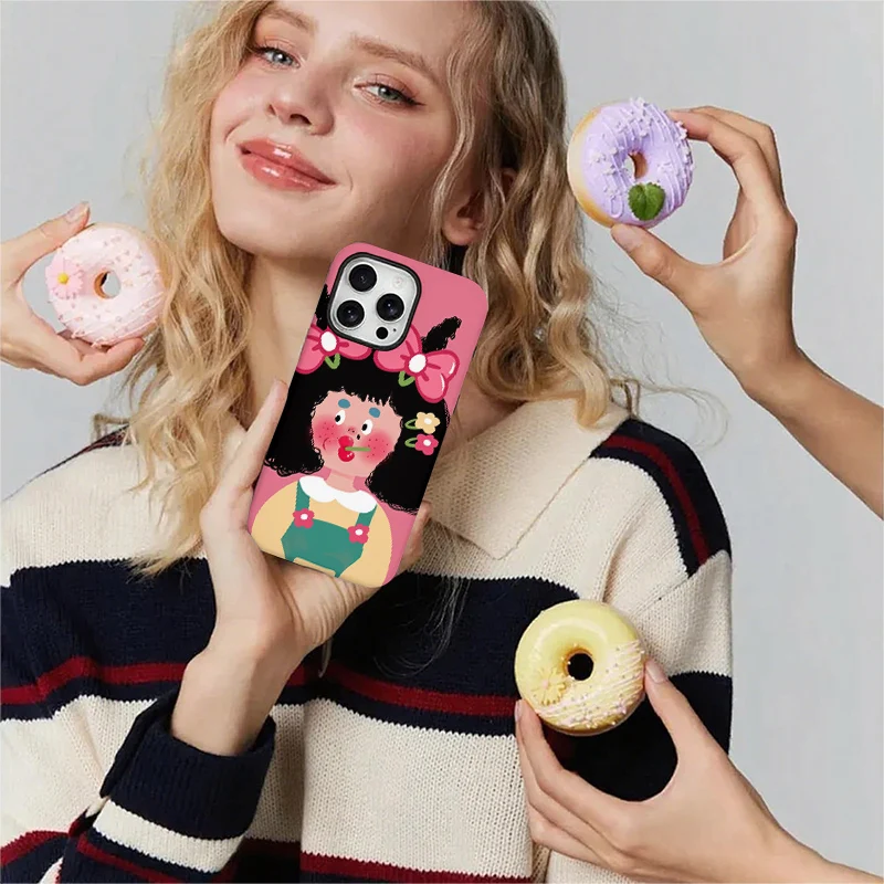 Cartoon Girl Pink Background Kawaii Style Cute Illustration Dual-Layer Hybrid Phone Case for iPhone 12-17 Series - view 4