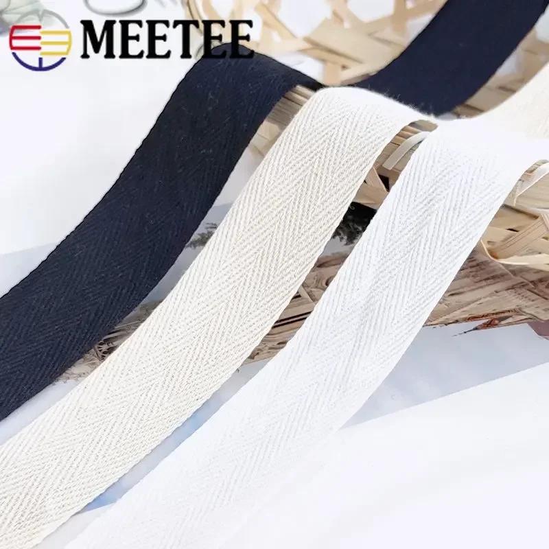 45M 10/15/20/25/30/40/50mm Width Cotton Webbing Herringbone Black White Natural Bag Strap Webbings Fabric Clothes Accessories