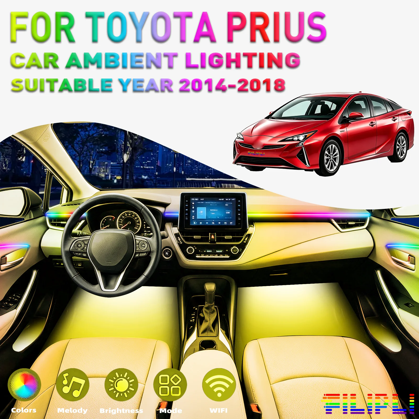 For TOYOTA Prius 2014-2018 CAR AMBIENT LIGHTING colorful 18 Lights Kit 256 Colors Iridescent 18 in 1 LED Interior Hidden Acrylic Strip Symphony Atmosphere Lamp Neon Acrylic Light Strip Lighting and Decorative Lamps Long Standby Car Decorative Light