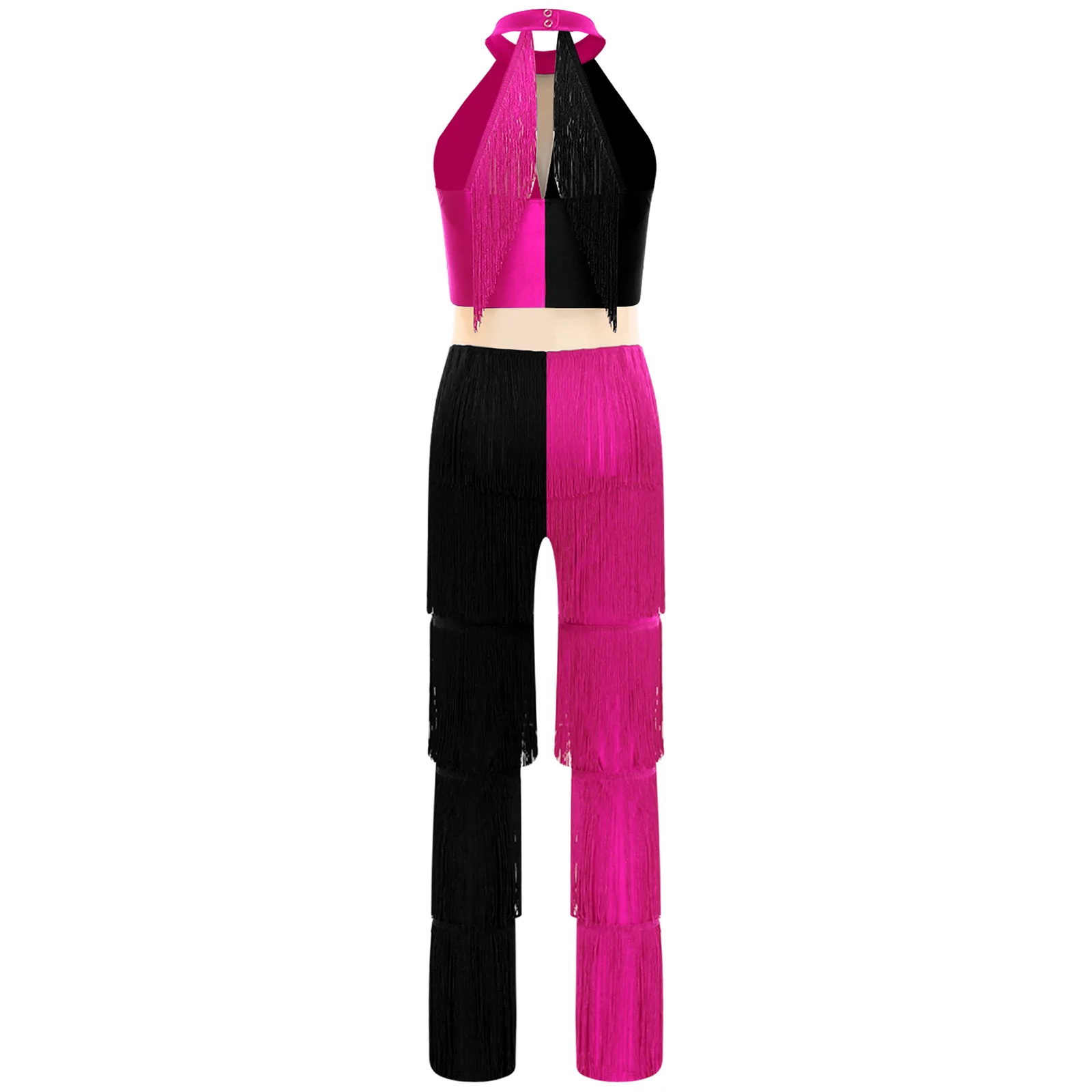 Women Latin Jazz Dancewear Contrast Color Tassel Latin Dance Jumpsuits Tango Cha-Cha Performance Costume Tiered Fringed Leotards