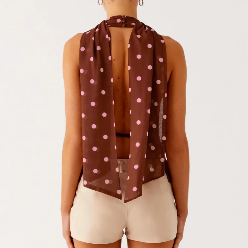 Canotte estive Y2K con stampa a pois con sciarpa Canotte da donna con lacci senza schienale Halter con scollo a V Trend Street Basic Chic Crop Top