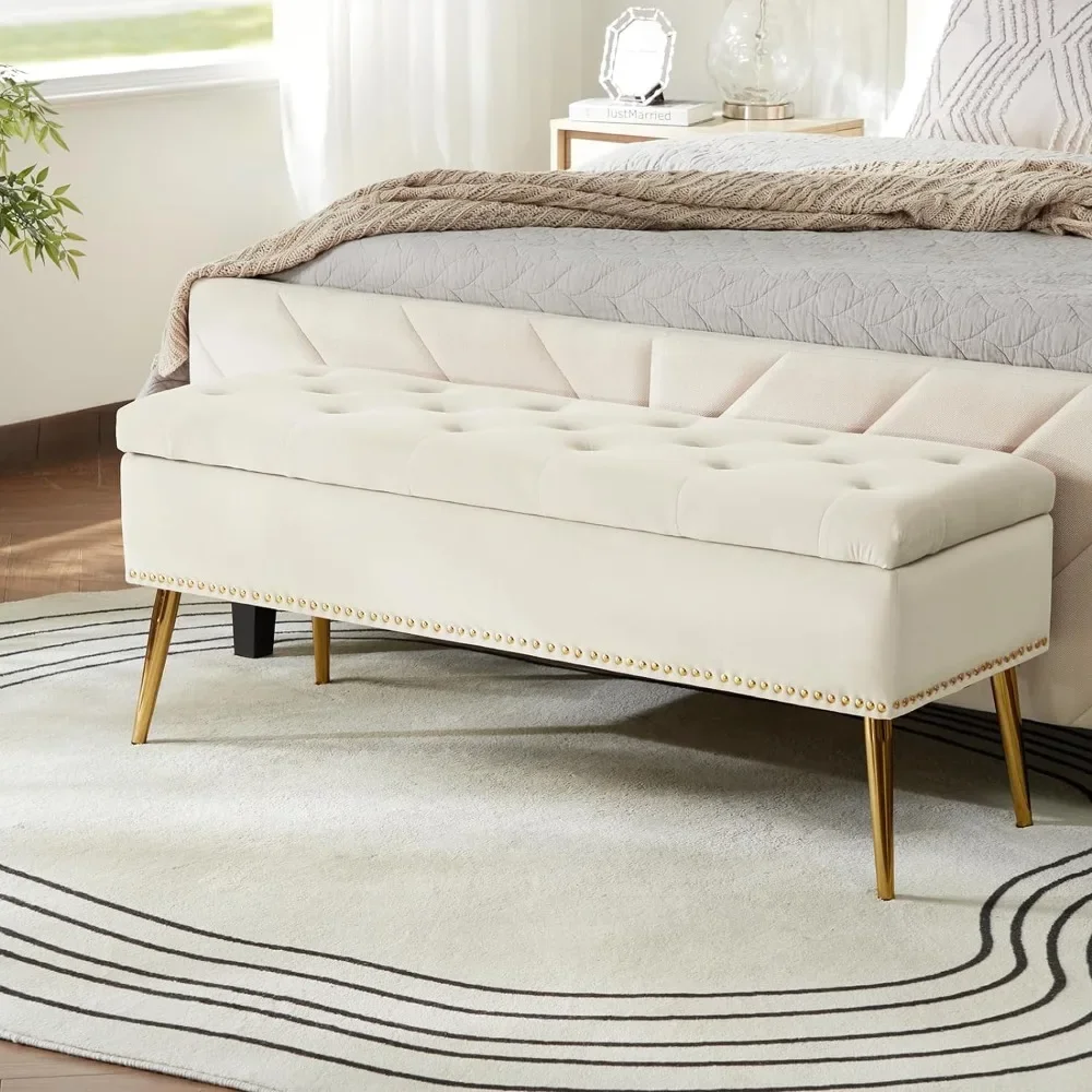 Velvet Storage Bench with Gold Base and Nail Head Decoration, Soft Padded Bedroom Bench At The End of Bed, Footstool,ivory Color